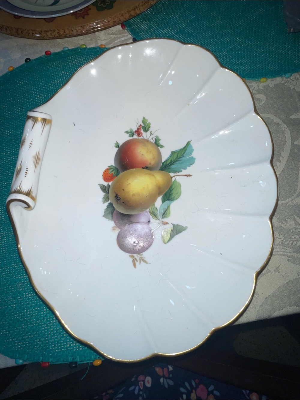 Large Meissen Fruit Pattern Clam Or Shell-Shaped Serving Dish Gold Rim